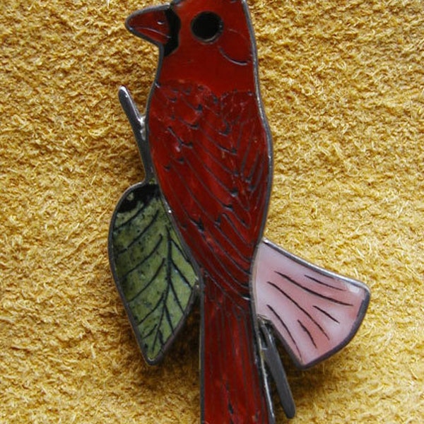 Mosaic Inlay Cardinal Pin/Pendant by Harlan and Monica Coonsis, Zuni