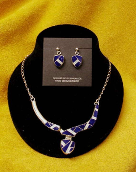 Lapis and Lab-Created Opal Channel Inlay Necklace… - image 1
