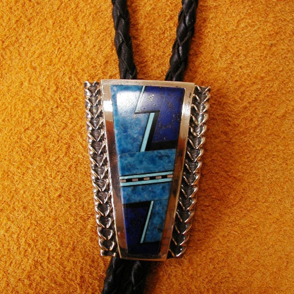 Mosaic Inlay Lapis, Turquoise and Black Onyx Bolo Tie, handmade by Duran Gasper, Zuni