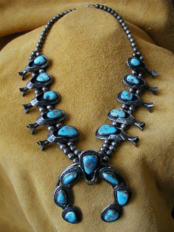Silver and Turquoise Squash Blossom Necklace C.1950 1960 Navajo