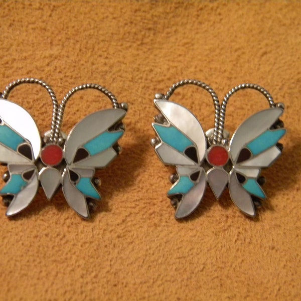 Mosaic Inlay Butterfly Post Earrings, by Rosita Wallace, Zuni