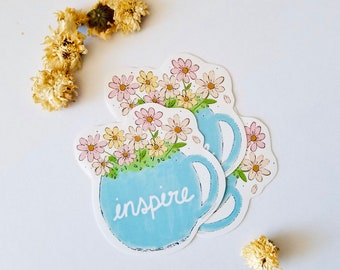 Vinyl Sticker "Inspire - Coffee and Flowers" | Laptop stickers | Waterproof | Hand drawn stickers | Die cut | Hand cut