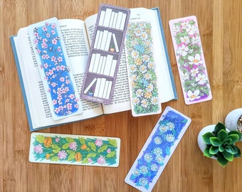 Book Tracker Set of Flower Bookmarks, Blossom Watercolor Floral Bookmark, Cute Book Log, Double Sided, Glossy Finish