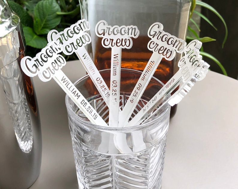 Groom Crew Wedding Swizzle Sticks with Name and Special Date Set of 6