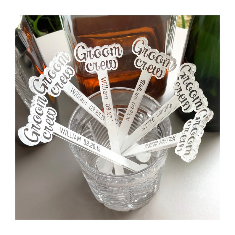 Groom Crew Wedding Swizzle Sticks with Name and Special Date Set of 6