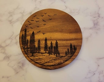 Round - Forest Scene - Cutting and Serving Board 10" - Charcuterie Board - Walnut