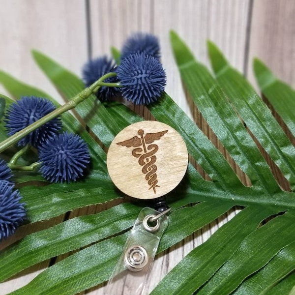 Caduceus Badge Reel-Wooden Badge Reel-Wooden Name Badge Clip-Nursing Badge, Medical, Nurse, Retractable Badge Reel, Work ID