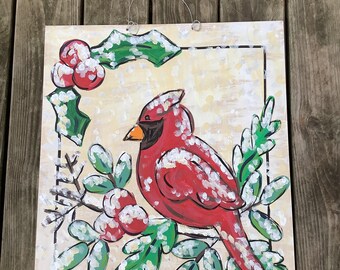 Hand Painted Cardinal Winter Door Hanger | 3D Wood Christmas Decor
