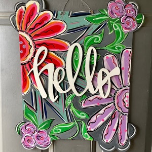 Hello flower door hanger- Spring Door- Summer door- Whimsical flower door hanger