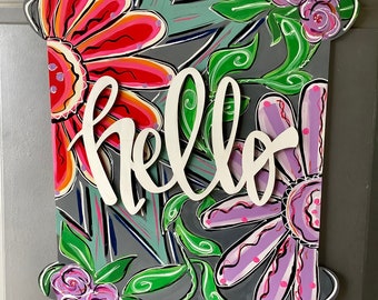 Hello flower door hanger- Spring Door- Summer door- Whimsical flower door hanger