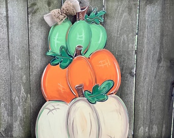 Hand Painted Stacked Pumpkin Wooden Door Hanger | Fall Decor