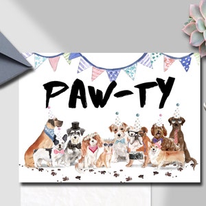 Cartão de aniversário de cachorro engraçado, cartão de aniversário de cachorro fofo, cartão de aniversário infantil, cartão de cachorro engraçado, cartão de aniversário Paw-Ty, download instantâneo