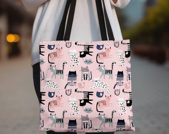 Pink Cat Pattern Tote Bag, Cat Tote Bag, Reusable Tote Bag, Reusable Grocery Bag, Shoulder Bag
