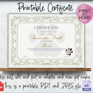 Printable Pet Adoption Certificate, Printable Dog Adoption Certificate, Certificate of Adoption, Cat Adoption Certificate, Adopt A Dog