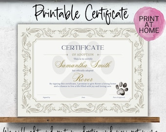 Printable Pet Adoption Certificate, Printable Dog Adoption Certificate, Certificate of Adoption, Cat Adoption Certificate, Adopt A Dog