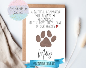 Personalized Pet Sympathy Card, Custom Pet Name, Loss of Dog Card, Loss of Cat Card, Watercolor Paw Print, Digital File