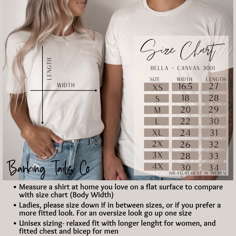 May include: Two people wearing white t-shirts, with a size chart graphic. The chart shows measurements in inches for Bella + Canvas 3001 shirts, ranging from XS to 4X. The brand name "Barking Tails Co" is visible.