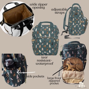 May include: A teal blue backpack with a dog print pattern. The backpack has a wide zipper opening, adjustable straps, side pockets, and a large front zippered pocket. The backpack is tear-resistant and waterproof.