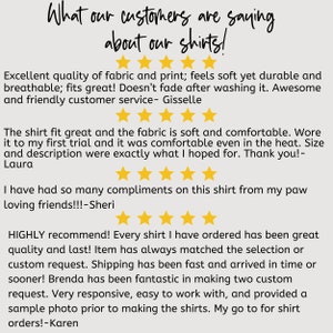 May include: Image features text that reads "What our customers are saying about our shirts!" followed by customer reviews. The reviews highlight fabric quality, fit, comfort, and customer service. Each review is accompanied by a five-star rating.