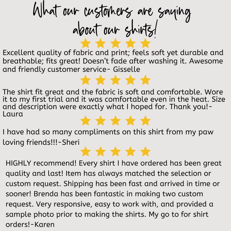 May include: Image features text that reads "What our customers are saying about our shirts!" followed by customer reviews. The reviews highlight fabric quality, fit, comfort, and customer service. Each review is accompanied by a five-star rating.