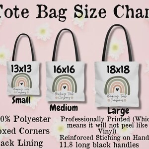 May include: White tote bags in three sizes: 13x13, 16x16, and 18x18 inches. Each bag features a rainbow design and the text "Barking Tails Company." The bags have black handles and are labeled "Small," "Medium," and "Large."