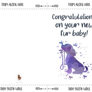 Op de afbeelding: Een aquarel-illustratie van een paarse hond aan de lijn met een witte achtergrond. De tekst "Gefeliciteerd met je nieuwe harige baby!" staat boven de hond.