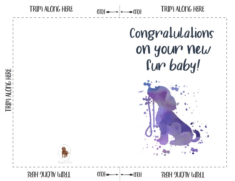 Op de afbeelding: Een aquarel-illustratie van een paarse hond aan de lijn met een witte achtergrond. De tekst "Gefeliciteerd met je nieuwe harige baby!" staat boven de hond.
