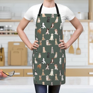 Baking Apron, Dog Pattern Apron, Cooking Gift for Dog Lovers, Green Apron, Apron for Women, Dog Owner Gift