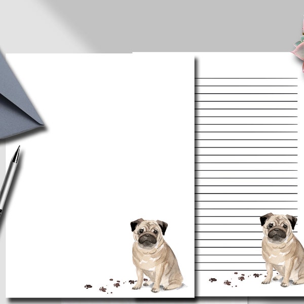 Pug Printable Writing Paper Set,Instant Download Note Paper, Digital Download,Stationery Paper,Dog Lover Gift,  Journal Paper,Pug Journal