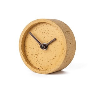 Concrete table clock 4&quot;/10 cm - Clockies CT100804 - Round desk clock, Yellow clock with walnut wood hands