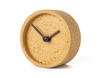 Concrete table clock 4"/10 cm - Clockies CT100804 - Round desk clock, Yellow clock with walnut wood hands