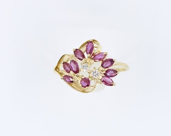 14K Gelbgold Rubin Diamant Cluster Cocktail Ring