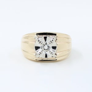 14K Solid Gold Mens 0.25Ct Diamond Ring, Thick Band Illusion Setting Diamond Ring, Mens Yellow Gold Wedding Engagement Ring