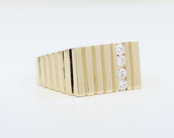 14K Gelbgold Diamant Siegelring - Gestreiftes Rechteckband, Größe 11