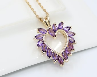 14K Gold Amethyst Herz Anhänger: Marquise Cut Gem, Herringbone Kette