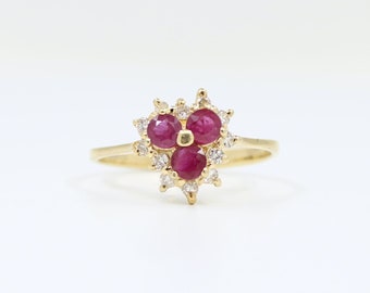 14K Gold Ruby and Diamond HEART Cluster Ring, Heart Shaped Ruby Halo Diamond Ring, Diamond Promise Ring