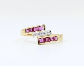 14K Gold Rubin Diamant Ring: Überlappendes Twist Design, Größe 7.25