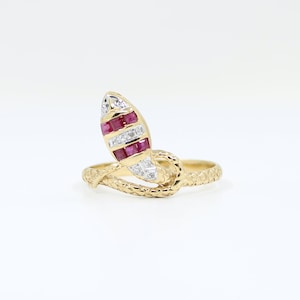 14K Yellow Gold Snake Ruby Diamond Ring, Square Baguette Cut Rubies, Solid Gold Serpent Ring, Wrap Around Statement Ring