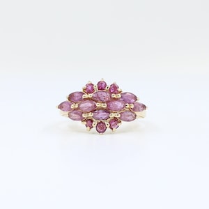 Anillo de rubí de racimo de oro de 14K, anillo de cóctel de rubí de corte redondo y marquesa de oro macizo con clase