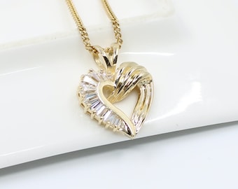 14K Solid Gold Baguette CZ Herz Anhänger Halskette