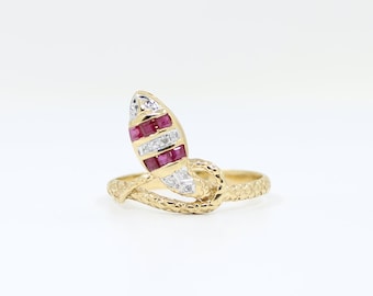 14K Gold Schlangenring: Rubin, Diamant Schlangen Statement Ring