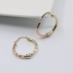 14K Solid White Yellow Rose Gold Geometric Hoop Earrings, Diamond Cut Gold Hoops, Small Three Tone Hoops