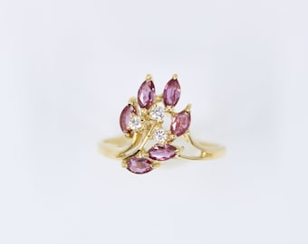 14K Gold Rubin Diamant Blumenring: Zierlicher Cocktailschmuck