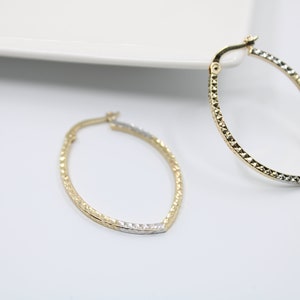 14K Tri Color Gold Diamond Cut Hoop Earring Set, Yellow White Rose Oval Hoops, Three Tone Gold Earrings