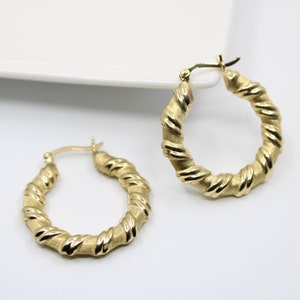 18K Gold Dainty Twisted Hoop, Ribbon Hoop Earrings, Solid Yellow Gold Hollow Bamboo Style Hoops