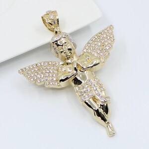 14K Yellow Gold Angel Pendant 3&quot; with CZ Diamond Accents 3.5Ct, Praying Angel Large Pendant, Solid Gold Cupid Angel Necklace