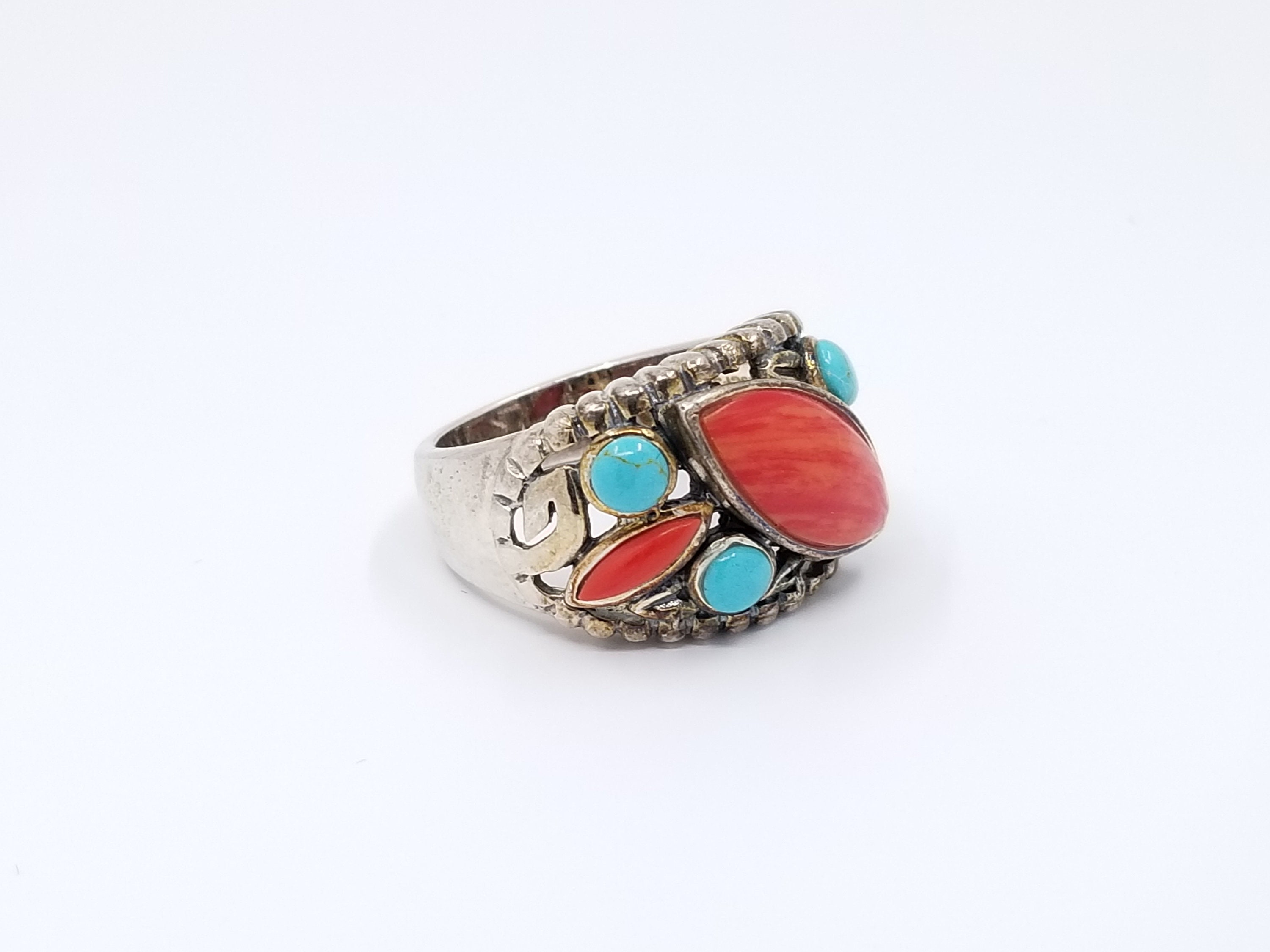 Turquoise and Red Coral Silver Ring Sterling Silver Vintage - Etsy