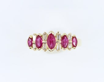 14K Gold Marquise Rubin und Baguette Diamant Ring: Kronenstil
