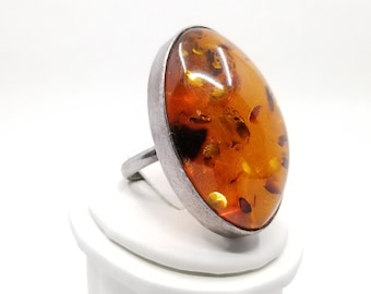 Baltic Amber Silver Ring, Sterling Silver Oval Amber Band, Single Stone Large Orange Amber Band