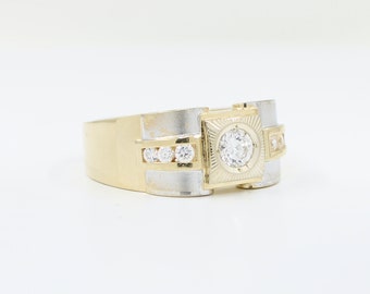 14K Gold zweifarbiger CZ Diamant Herrenring - Größe 11,5